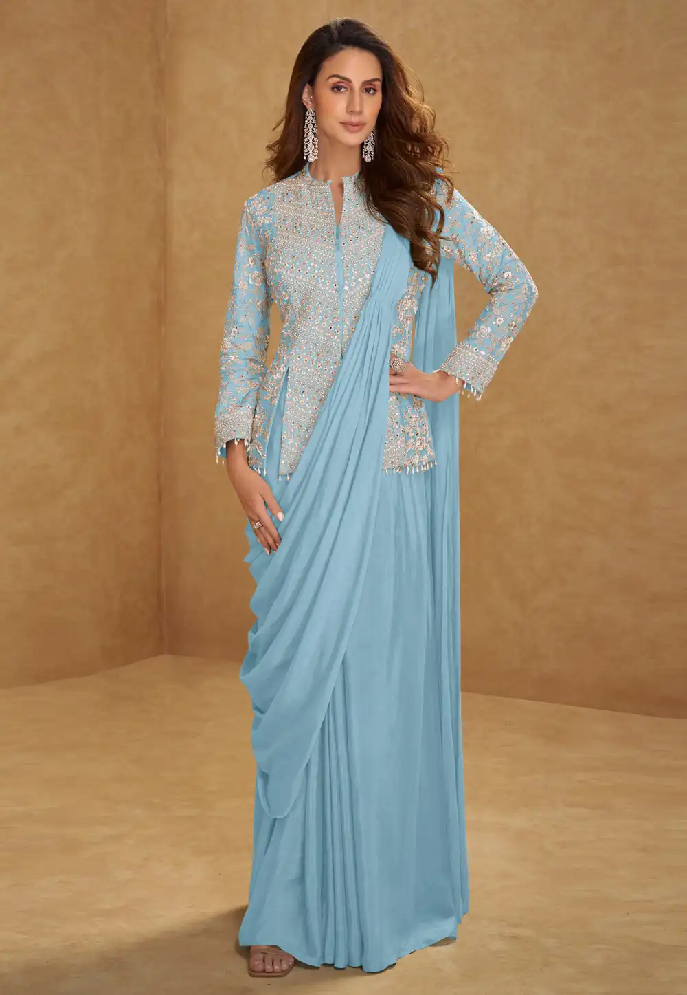 Sky Blue Chinon Designer Saree 330121