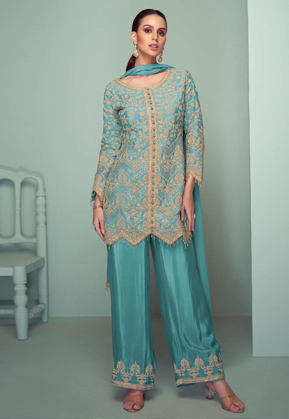 Sky Blue Chinon Embroidered Pakistani Suit 311403