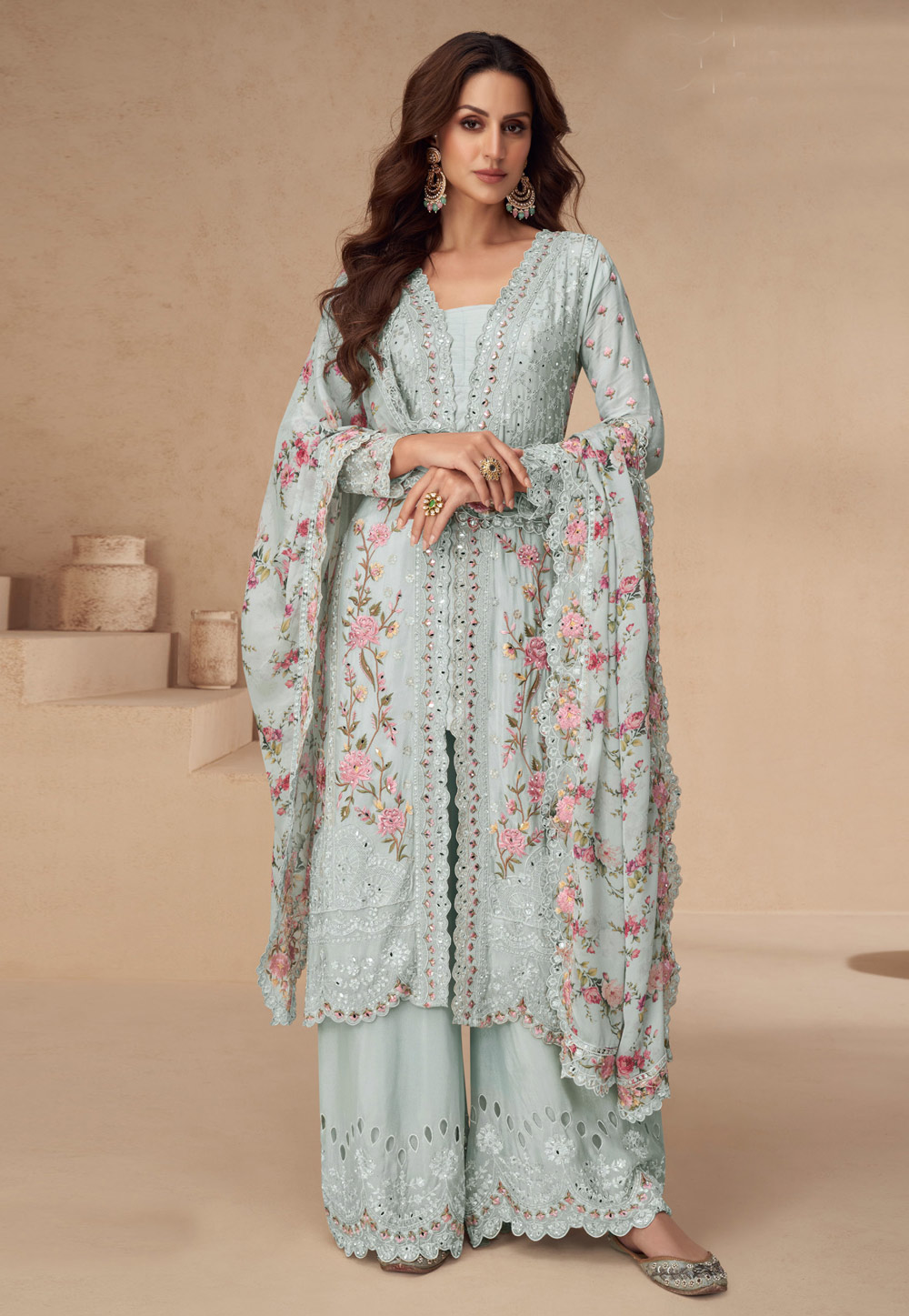 Sky Blue Chinon Embroidered Palazzo Suit 308315