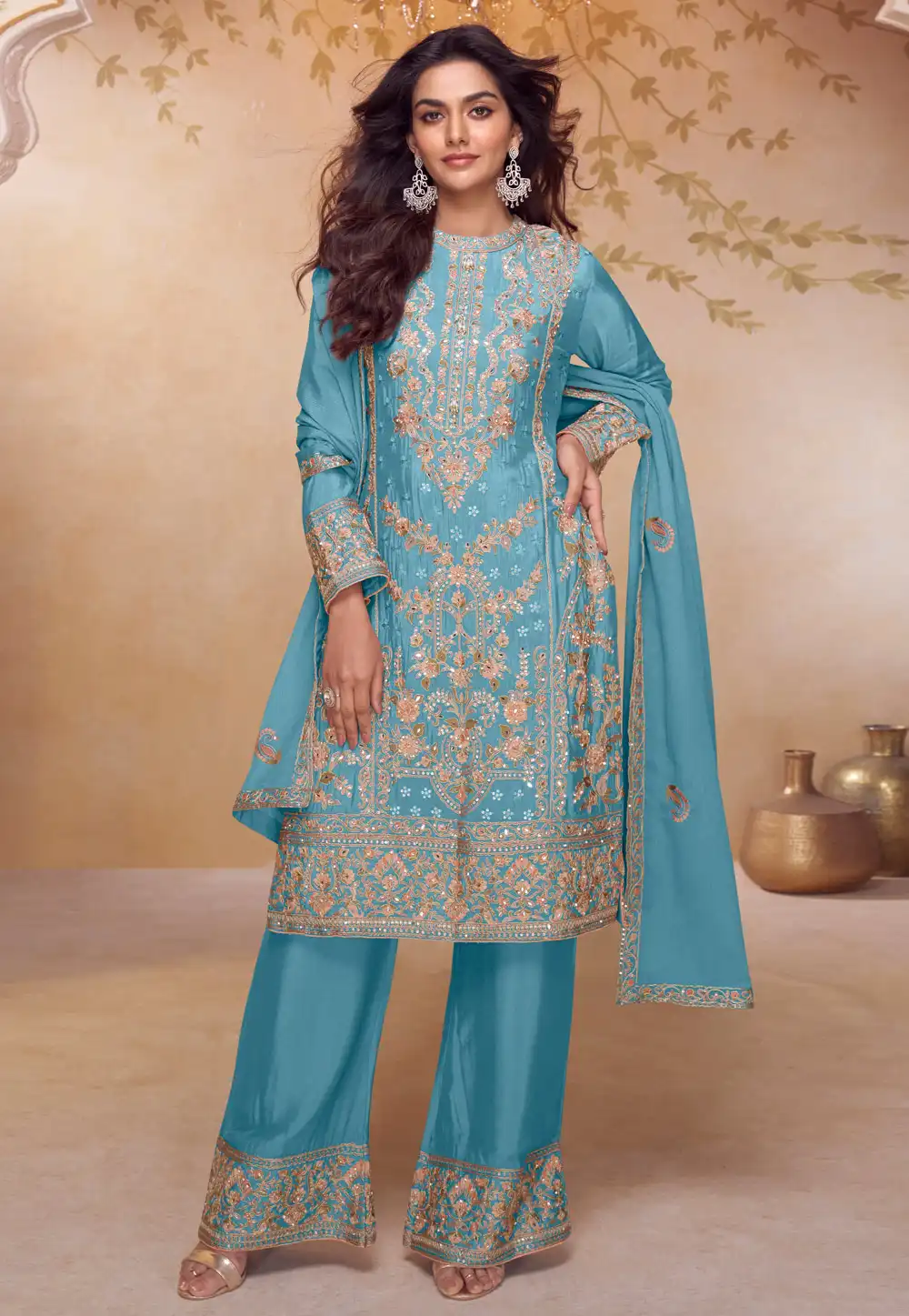 Sky Blue Chinon Embroidered Palazzo Suit 324889