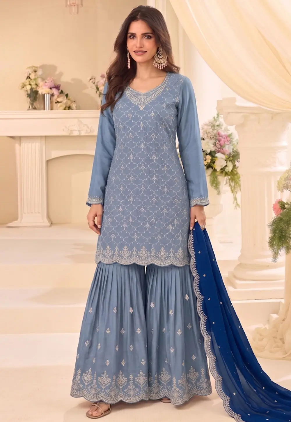 Sky Blue Chinon Gharara Suit 331177