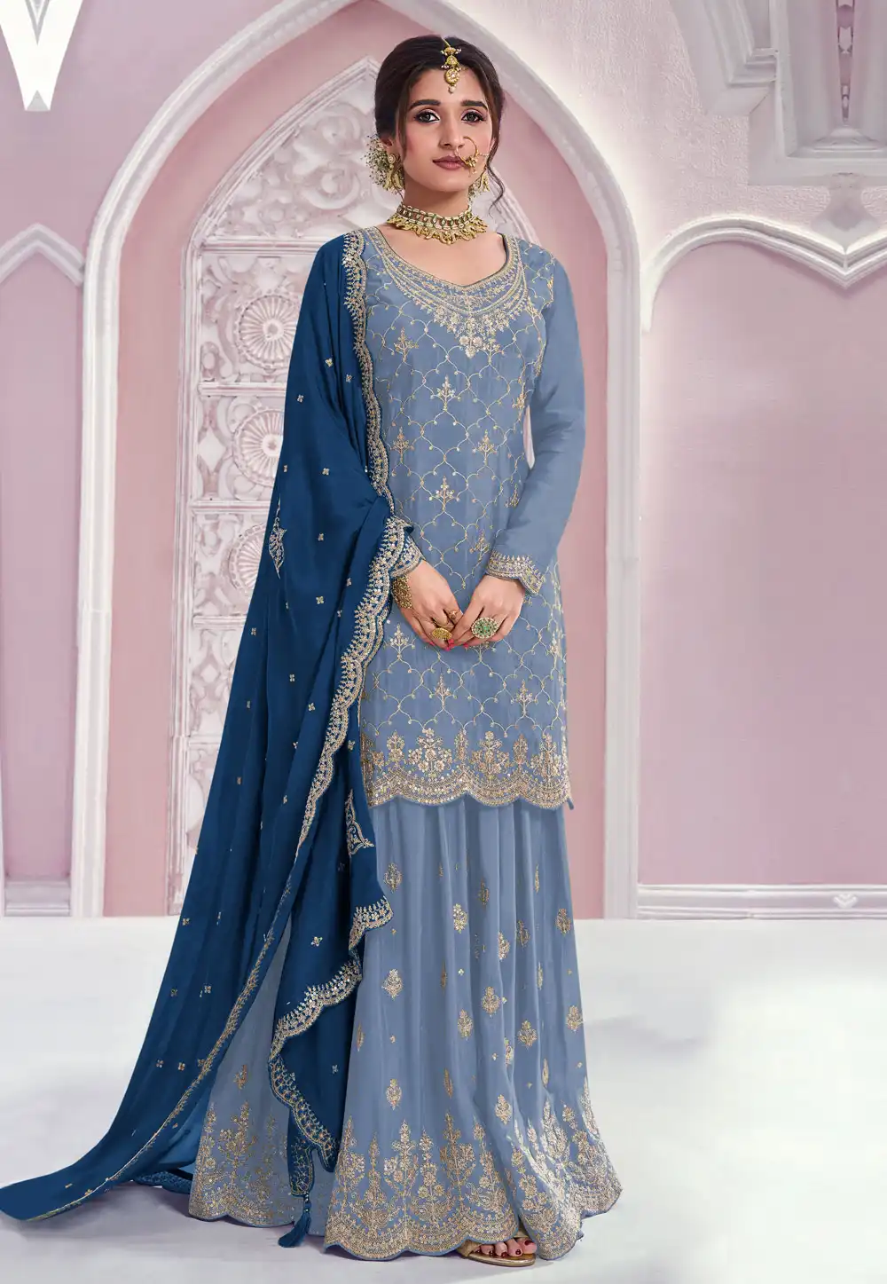 Sky Blue Chinon Pakistani Suit 329166