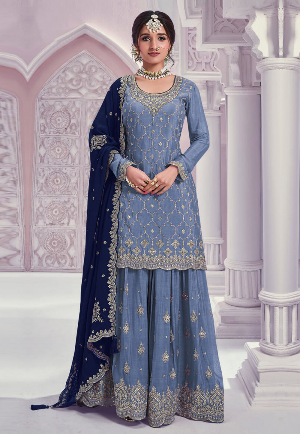Sky Blue Chinon Palazzo Suit 329088