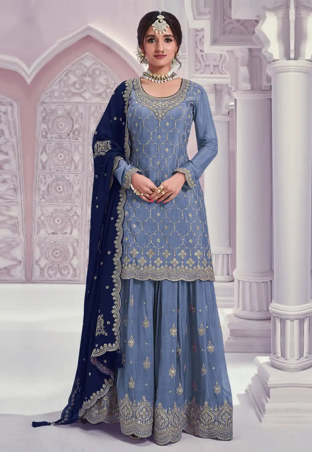 Sky Blue Chinon Palazzo Suit 329088
