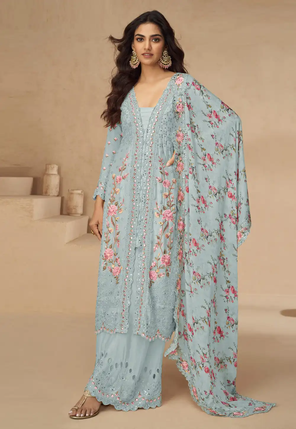 Sky Blue Chinon Palazzo Suit 314607