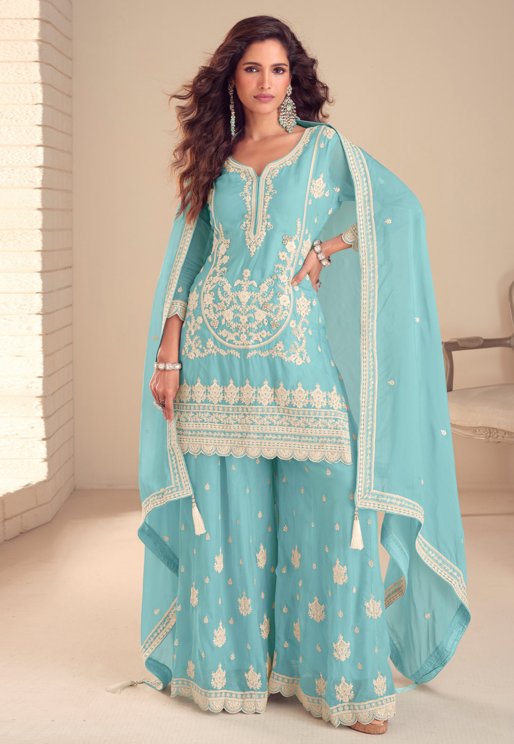 Sky Blue Chinon Palazzo Suit 328247