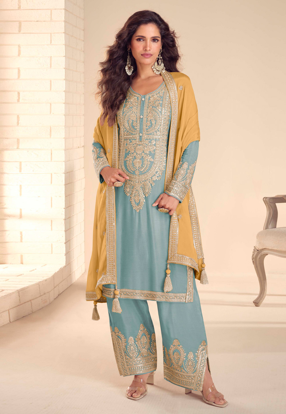 Sky Blue Chinon Palazzo Suit 327859