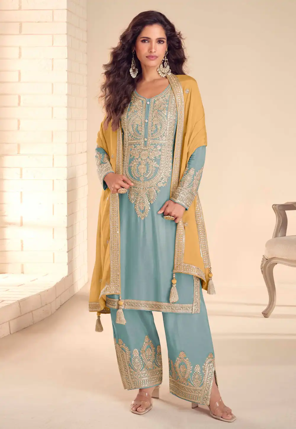 Sky Blue Chinon Palazzo Suit 327859