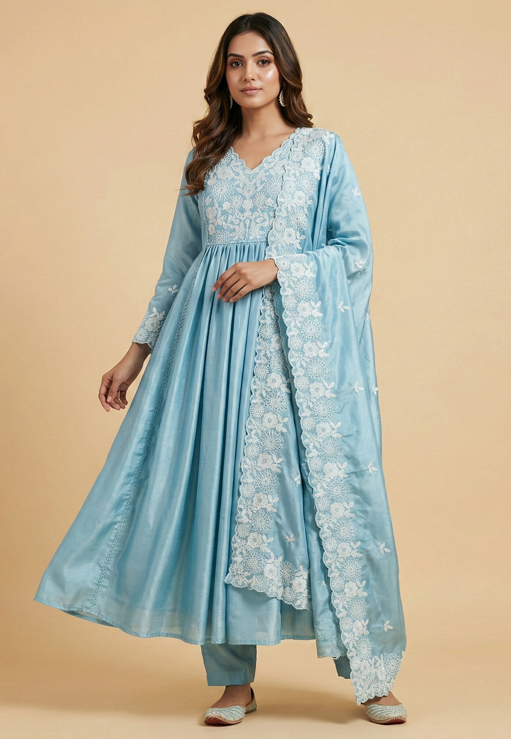 Sky Blue Chinon Readymade Anarkali Suit 323865
