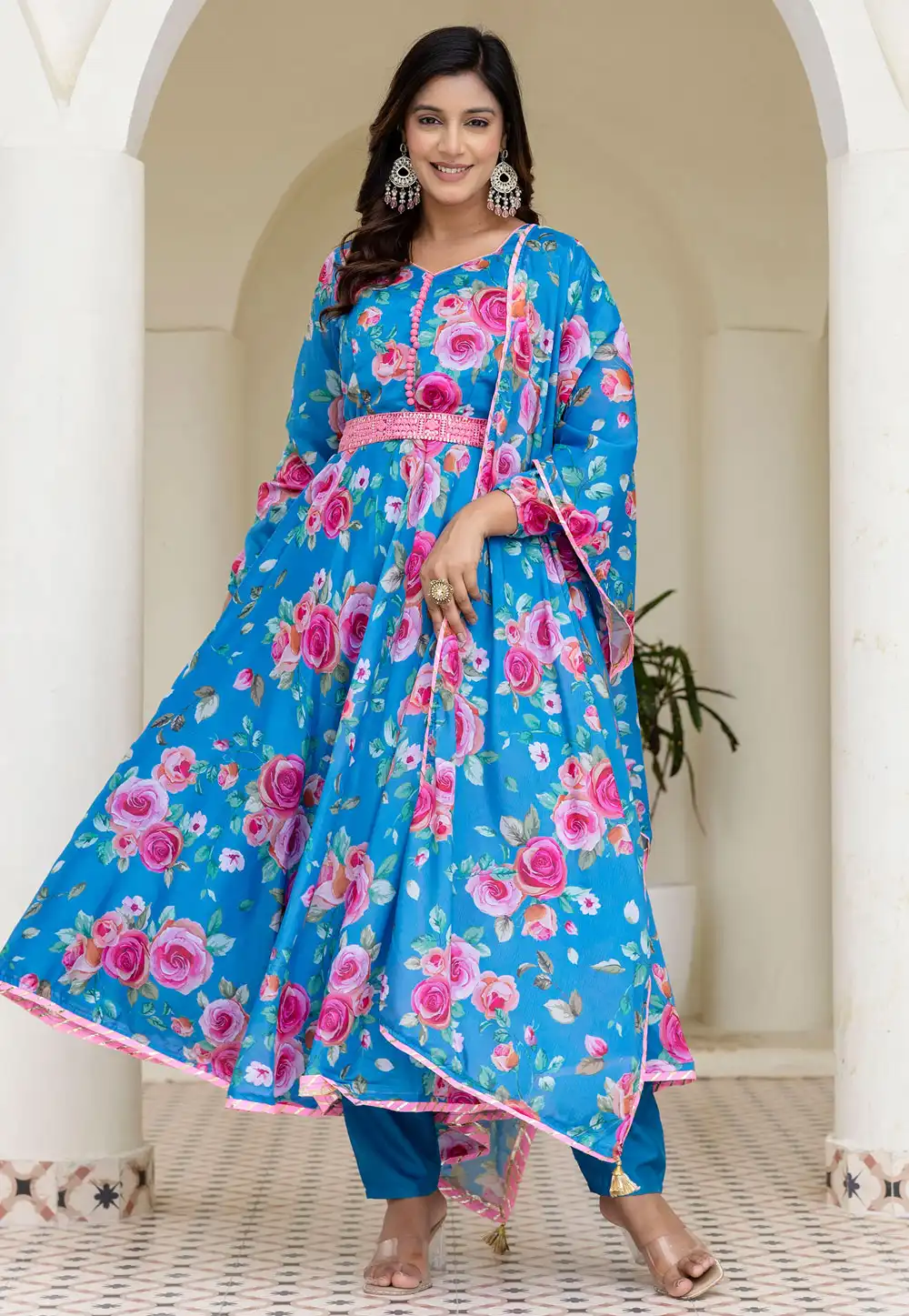 Sky Blue Chinon Readymade Anarkali Suit 314214