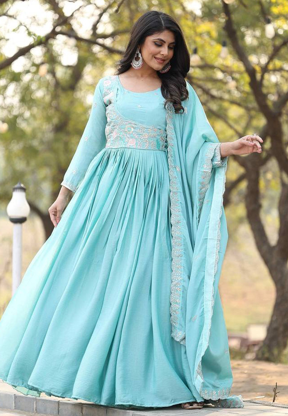 Sky Blue Chinon Readymade Long Anarkali Suit 307909