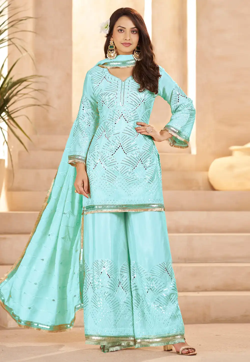 Sky Blue Chinon Readymade Pakistani Suit 324850