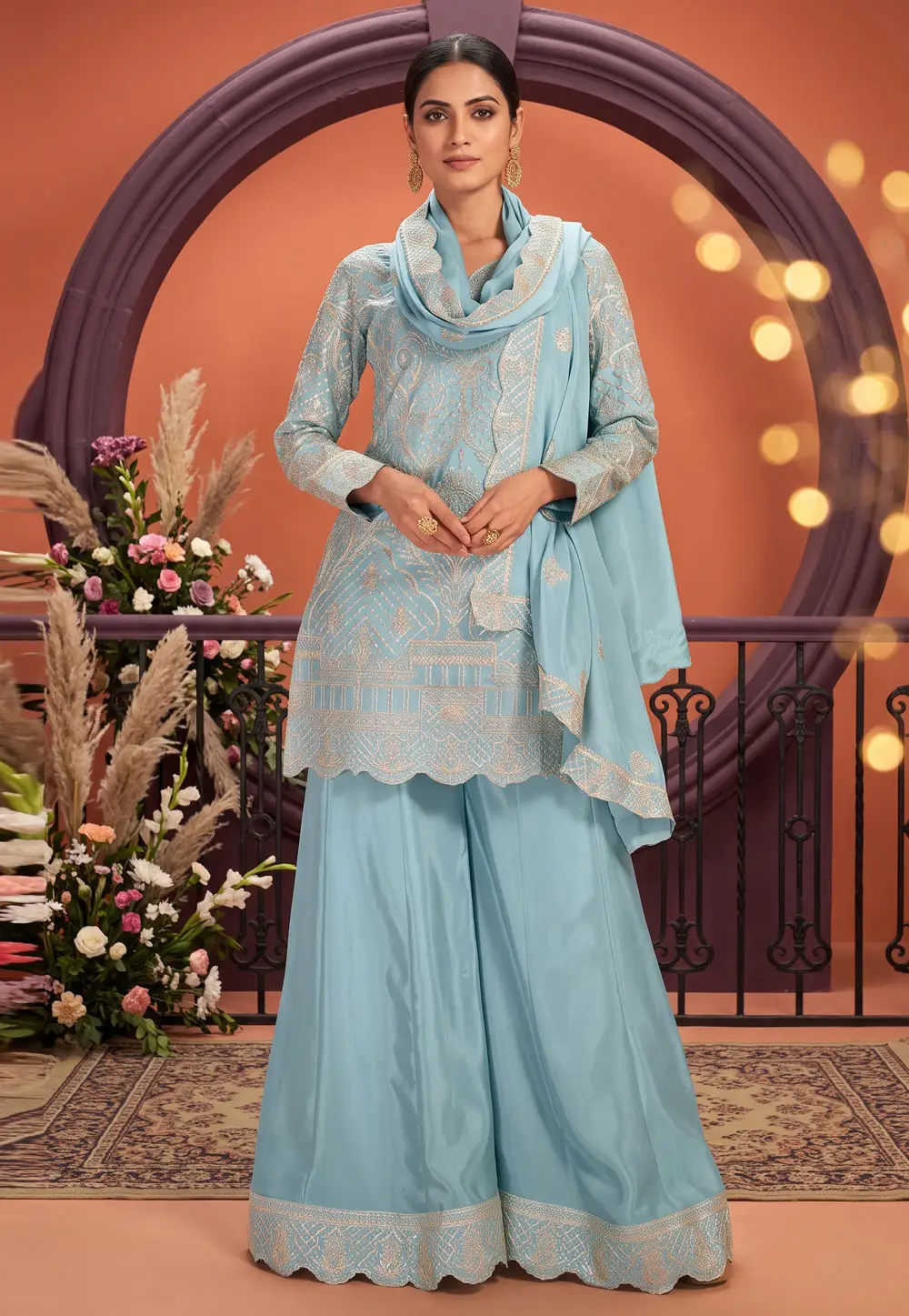 Sky Blue Chinon Readymade Pakistani Suit 334761
