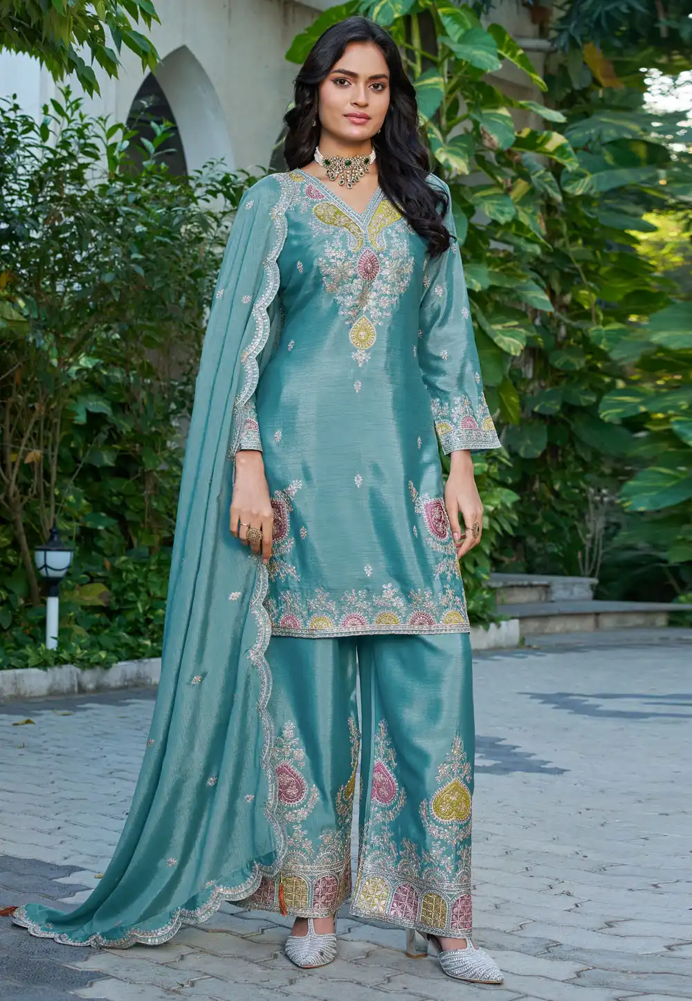 Sky Blue Chinon Readymade Palazzo Suit 327955