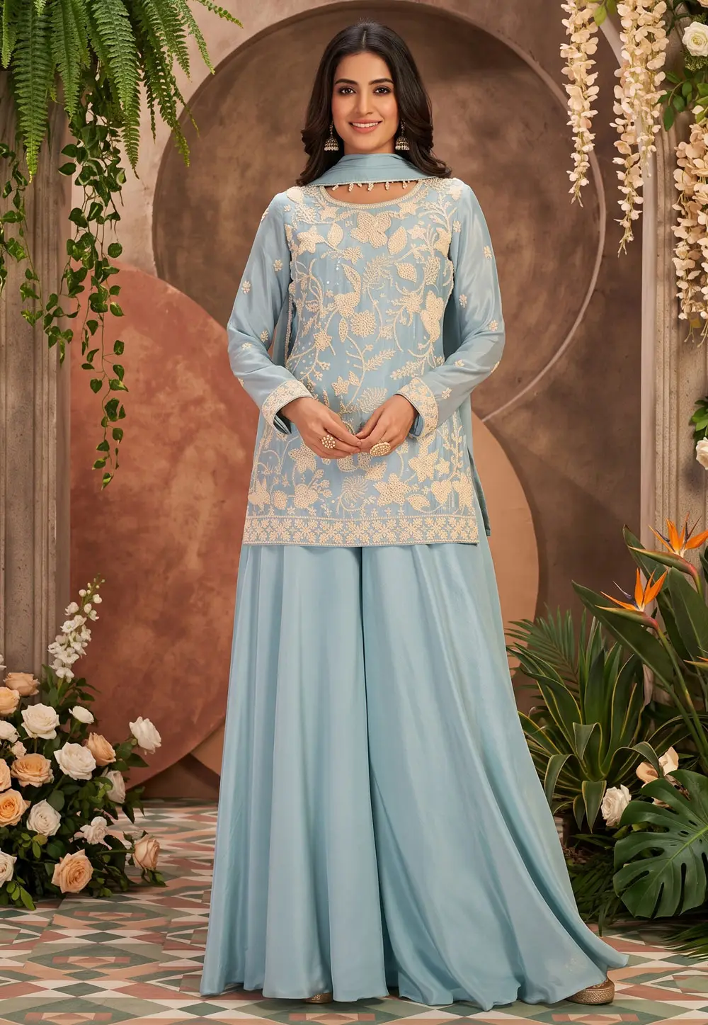 Sky Blue Chinon Readymade Palazzo Suit 333167