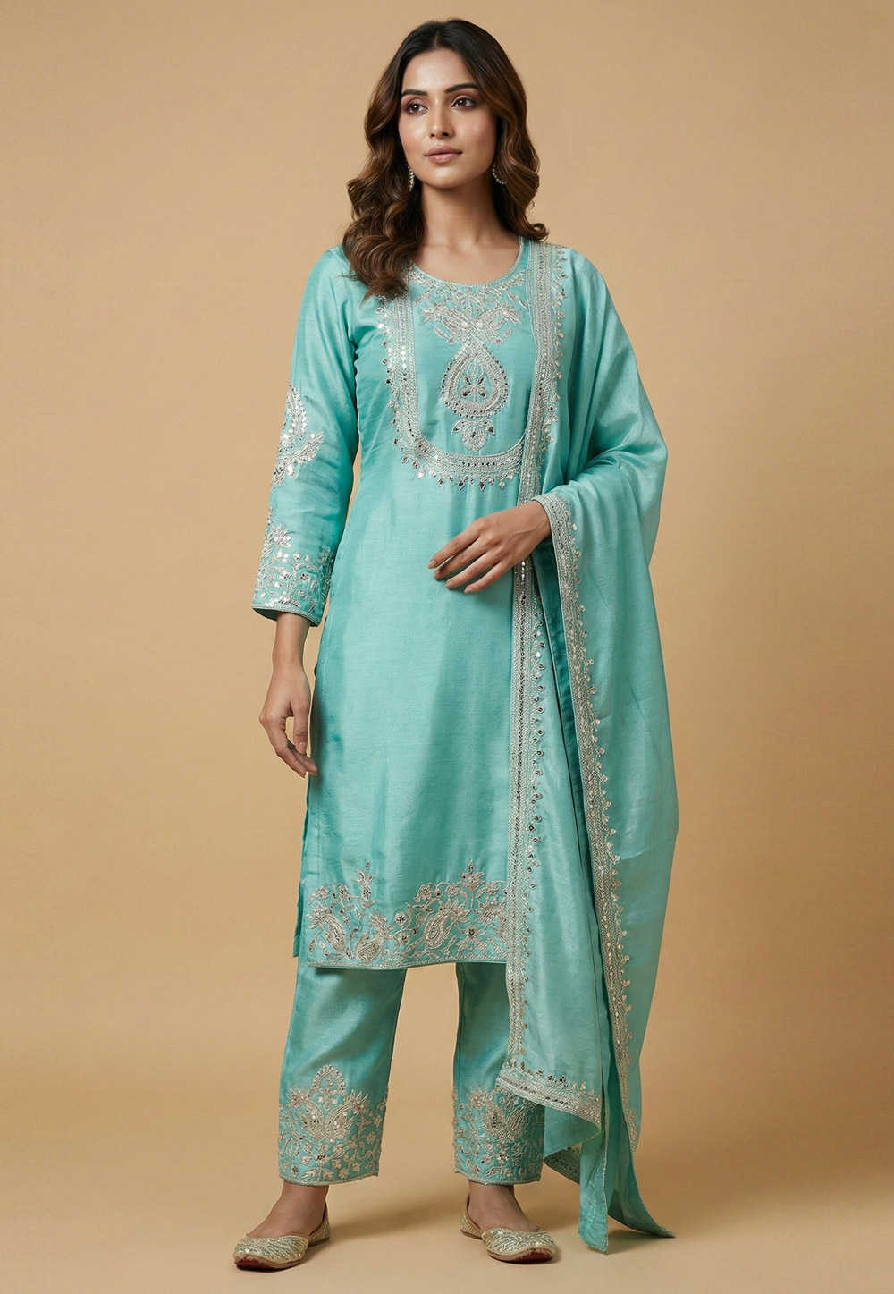 Sky Blue Chinon Readymade Pant Style Suit 323876