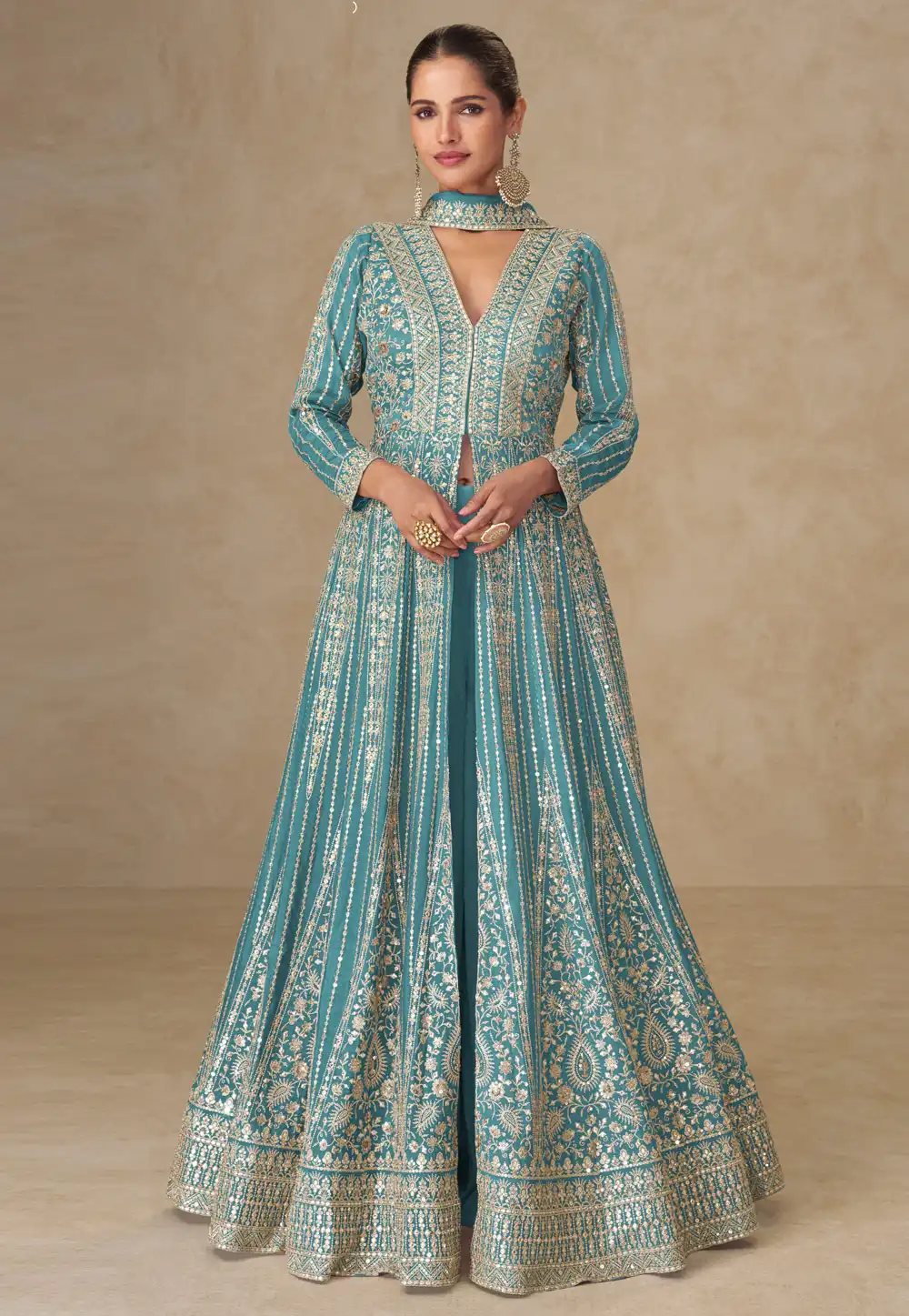 Sky Blue Chinon Silk Embroidered Long Anarkali Suit 317525