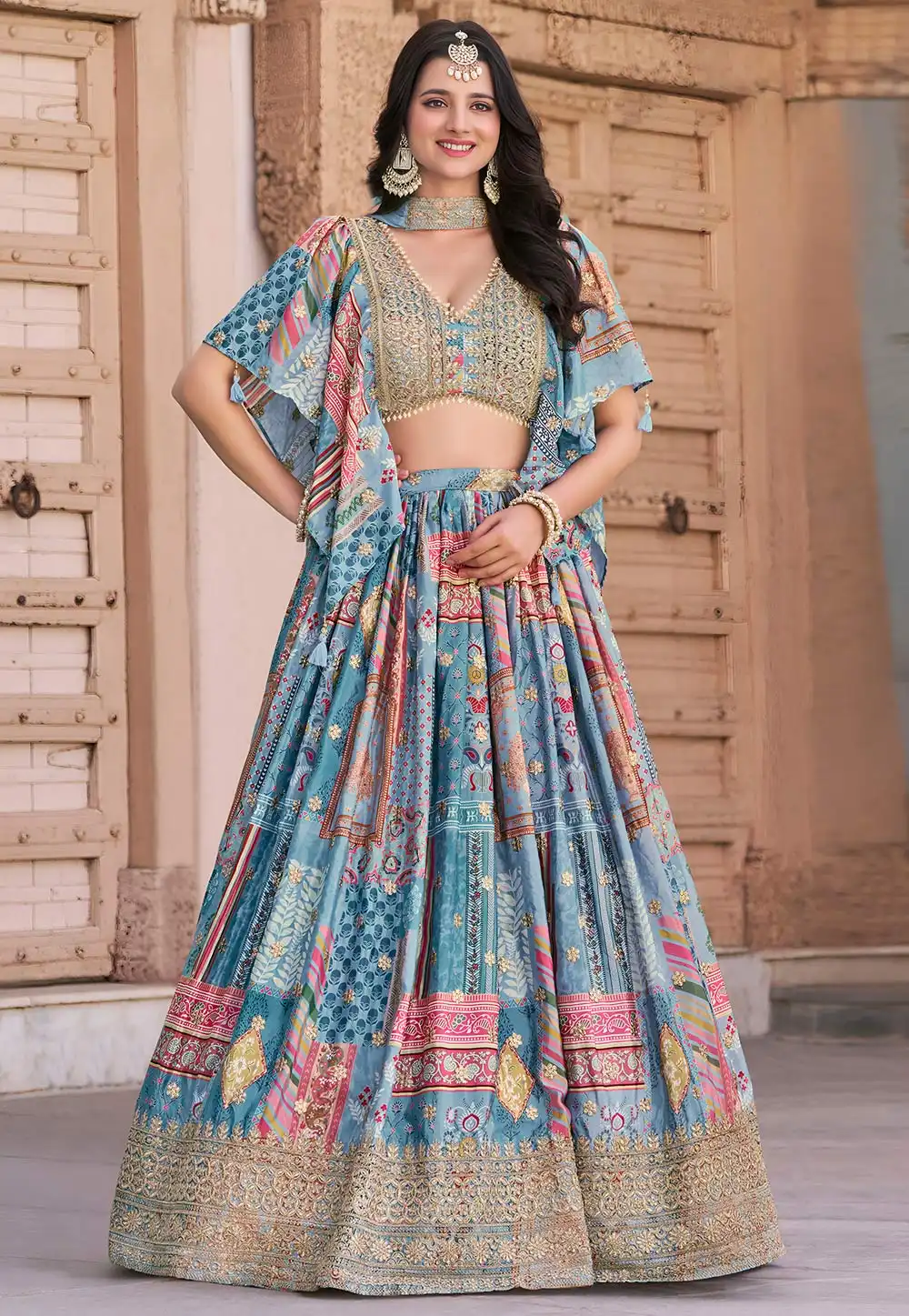 Sky Blue Chinon Silk Lehenga Choli 314497