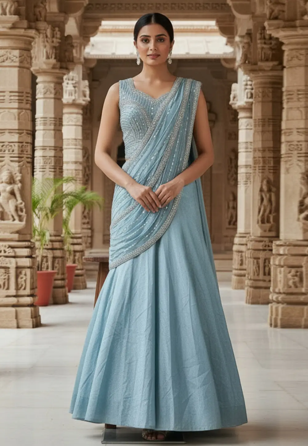 Sky Blue Chinon Silk Lehenga Saree 334751