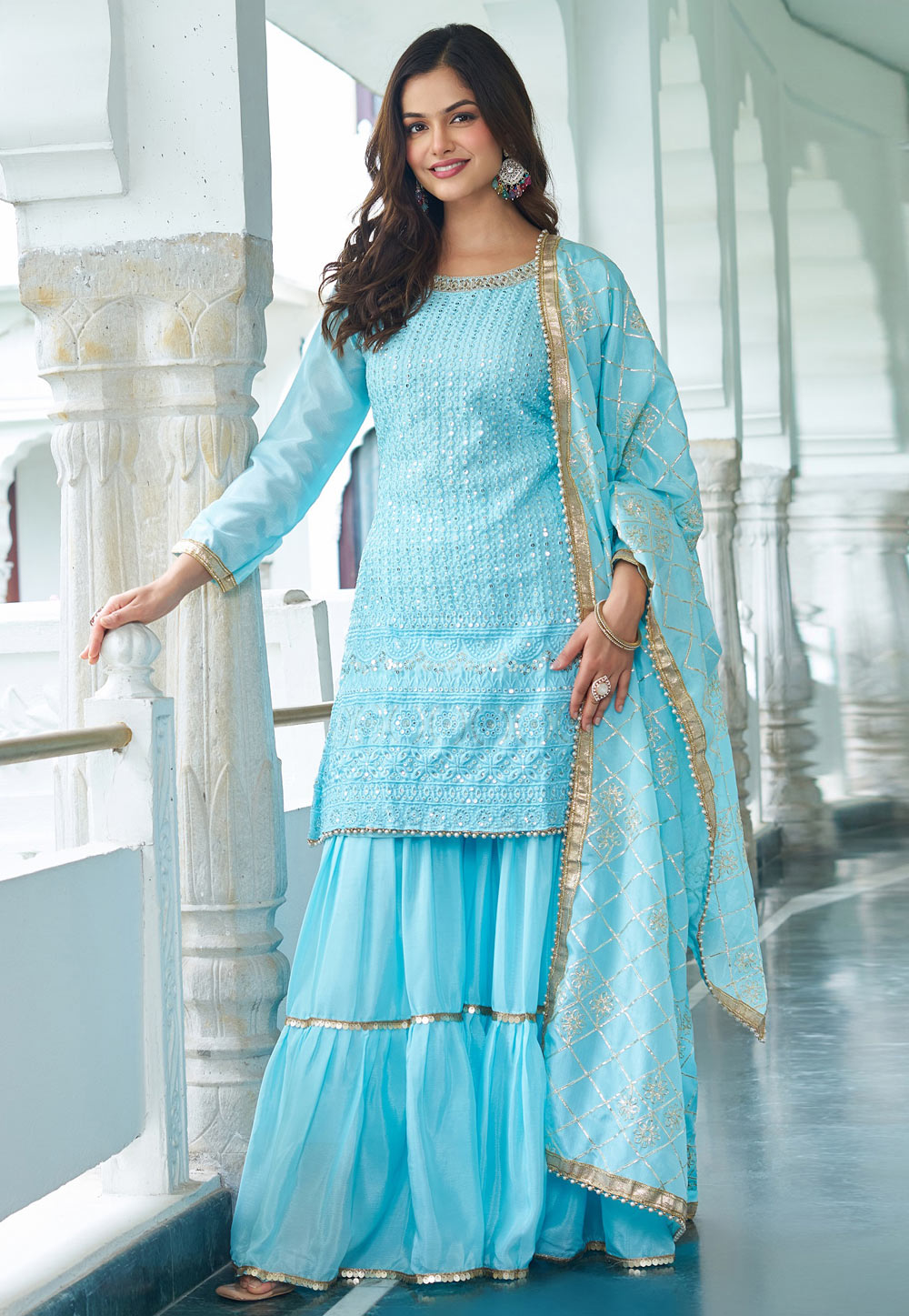 Sky Blue Chinon Silk Readymade Gharara Suit 322248