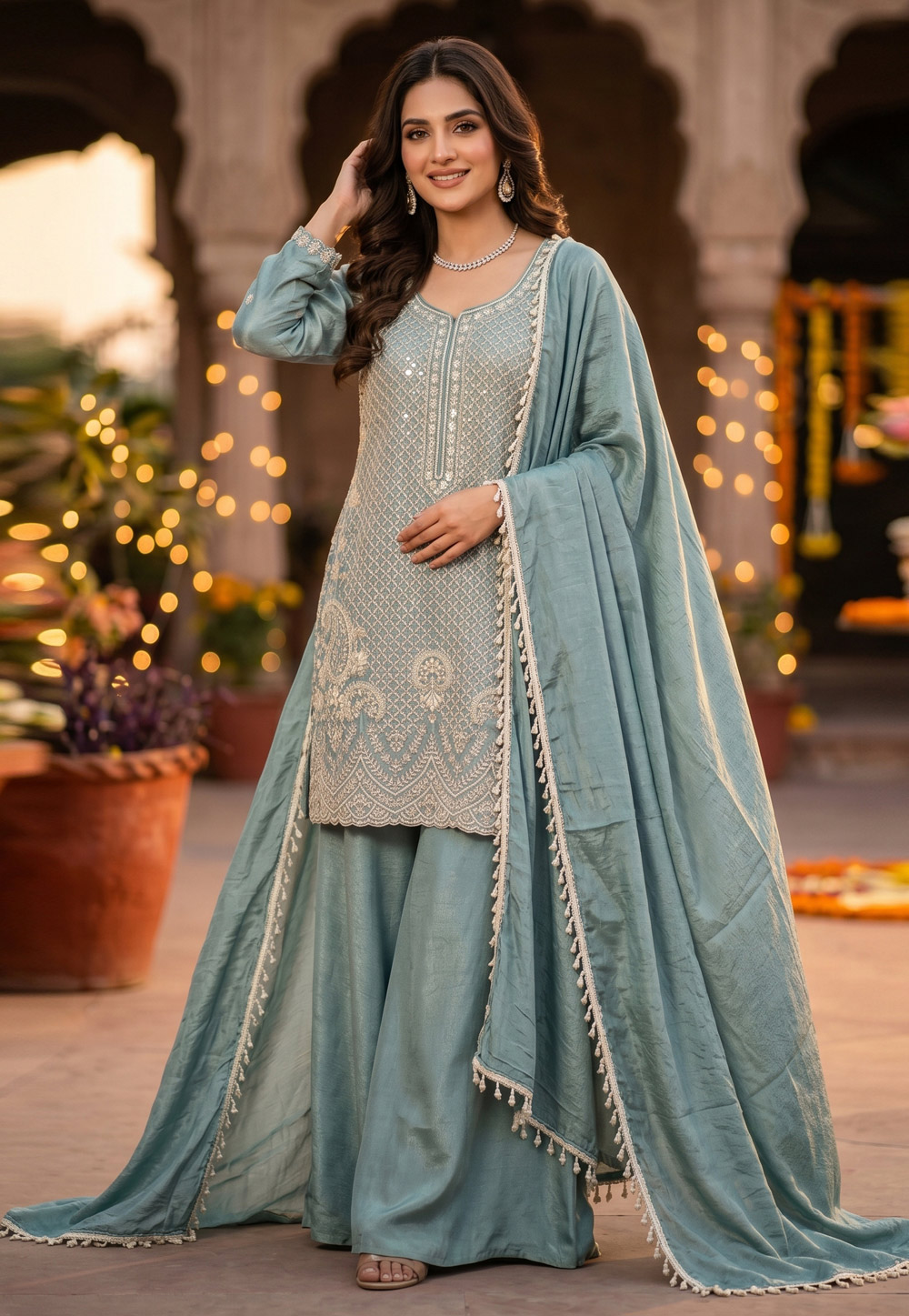 Sky Blue Chinon Silk Readymade Pakistani Suit 328535