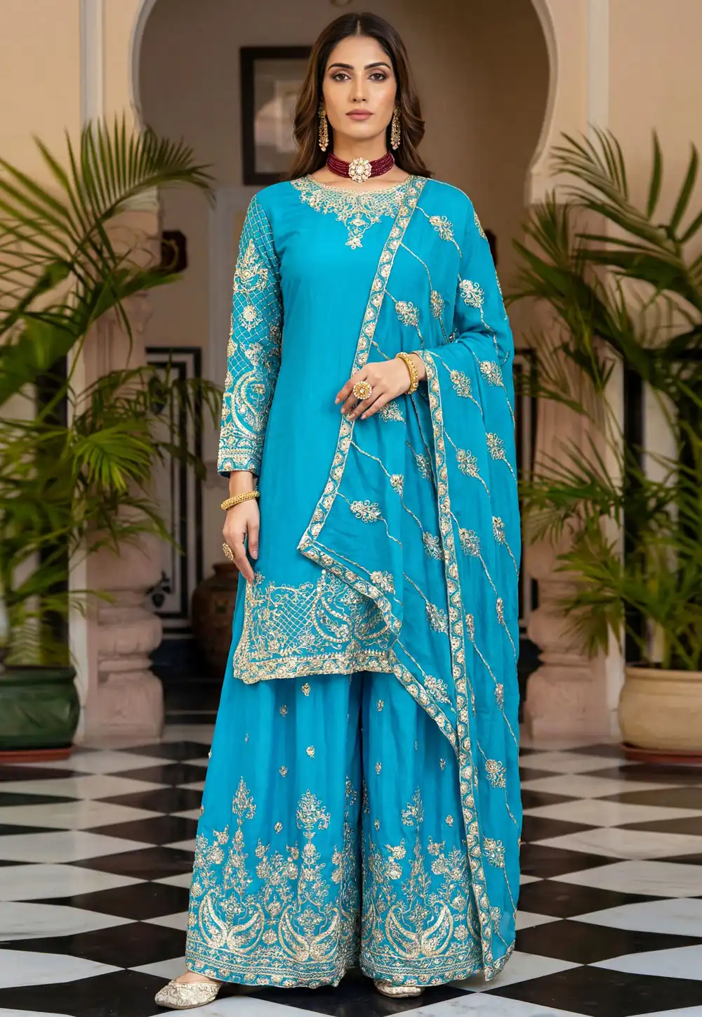 Sky Blue Chinon Silk Readymade Pakistani Suit 322426
