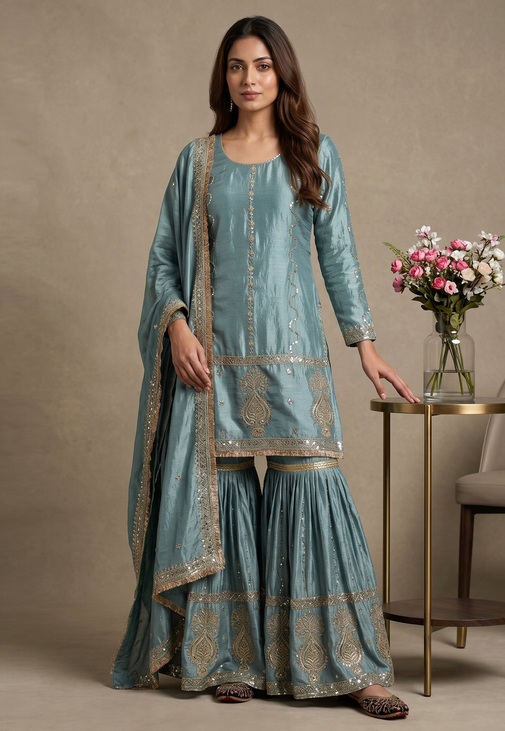 Sky Blue Chinon Silk Readymade Sharara Suit 330339