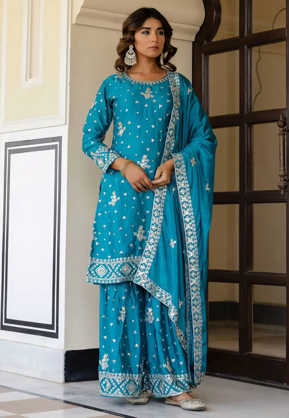 Sky Blue Chinon Silk Readymade Sharara Suit 321877