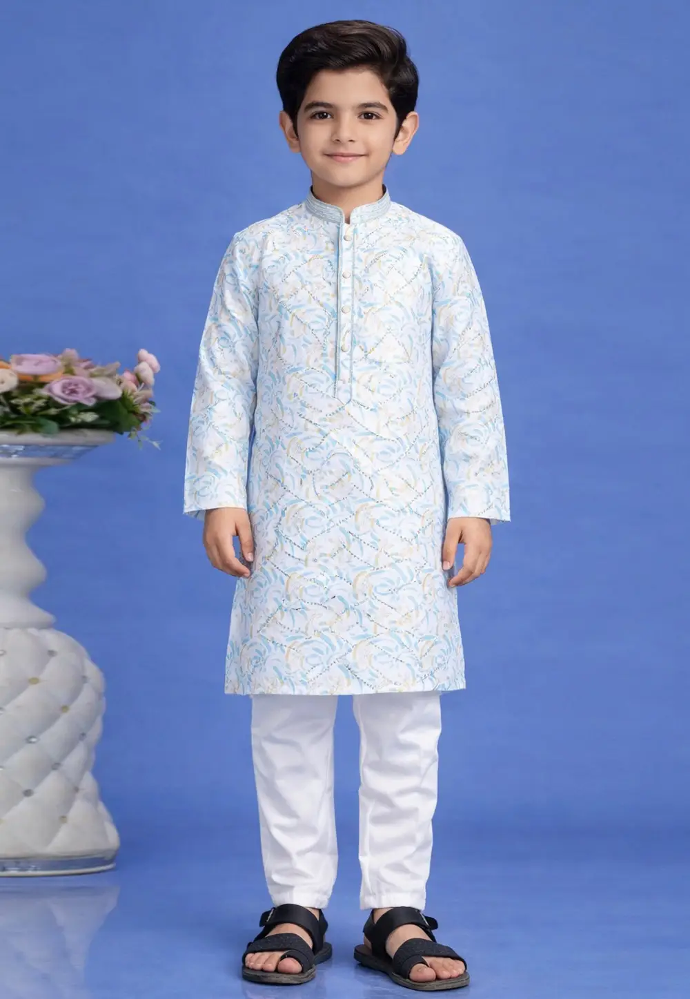 Sky Blue Cotton Boys Kurta Pajama 335742