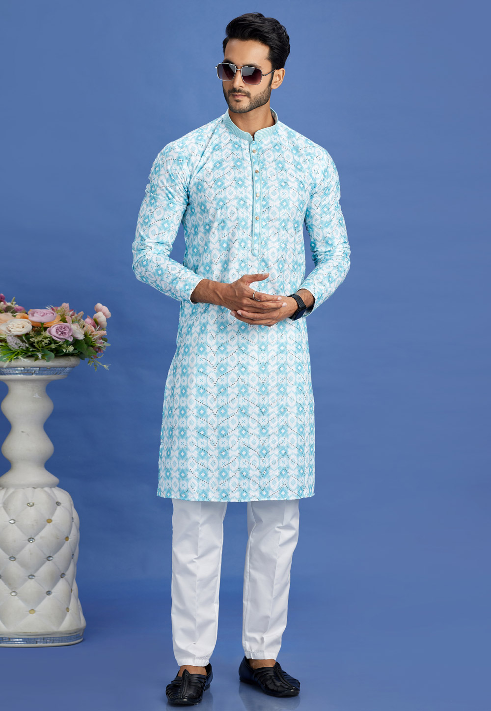 Sky Blue Cotton Kurta Pajama 283301