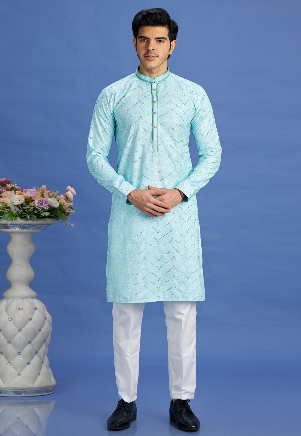 Sky Blue Cotton Kurta Pajama 283309