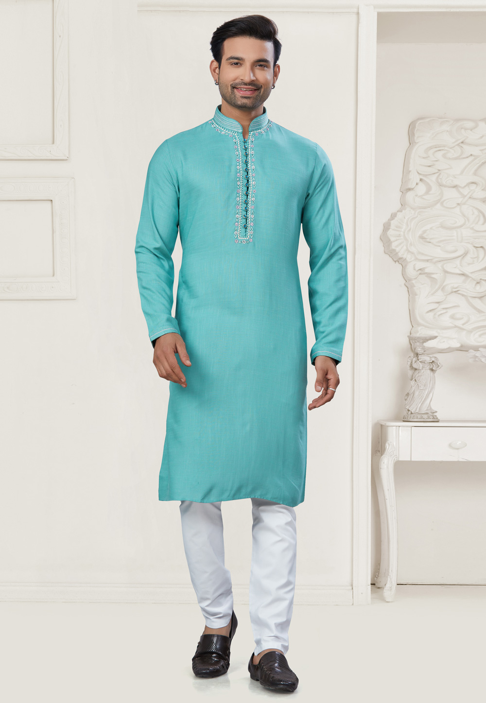Sky Blue Cotton Kurta Pajama 307381