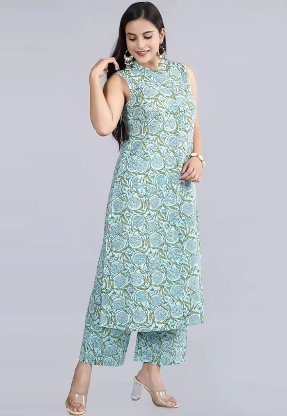 Sky Blue Cotton Kurta Set With Palazzo 309050