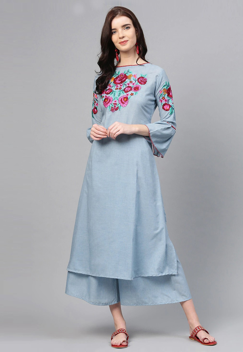 Sky Blue Cotton Kurta Set With Palazzo 281345