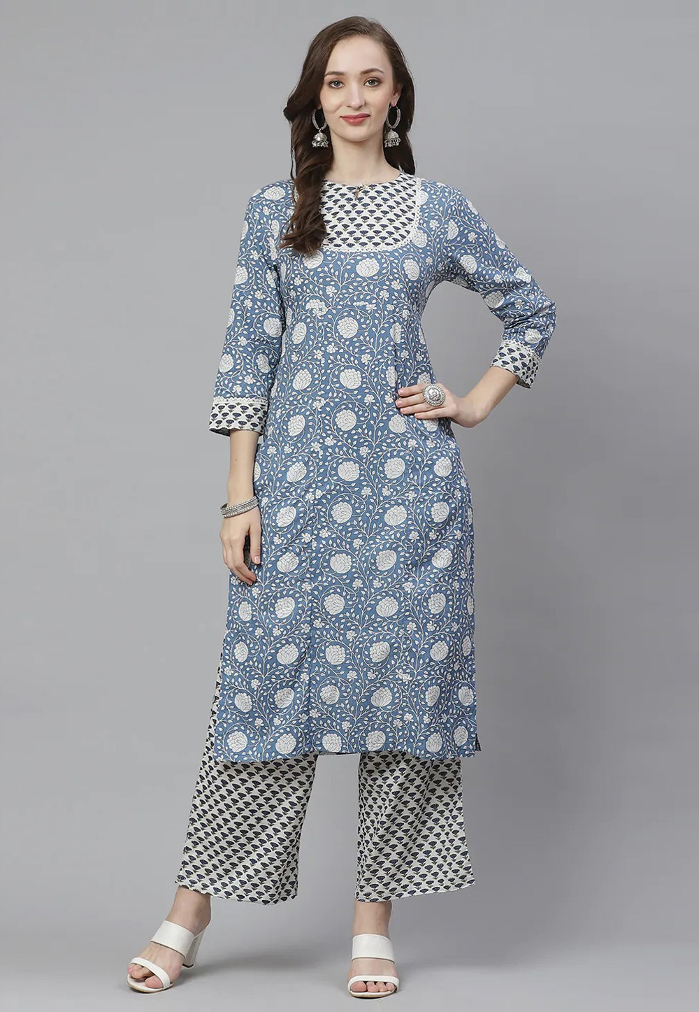 Sky Blue Cotton Kurta Set With Palazzo 281387