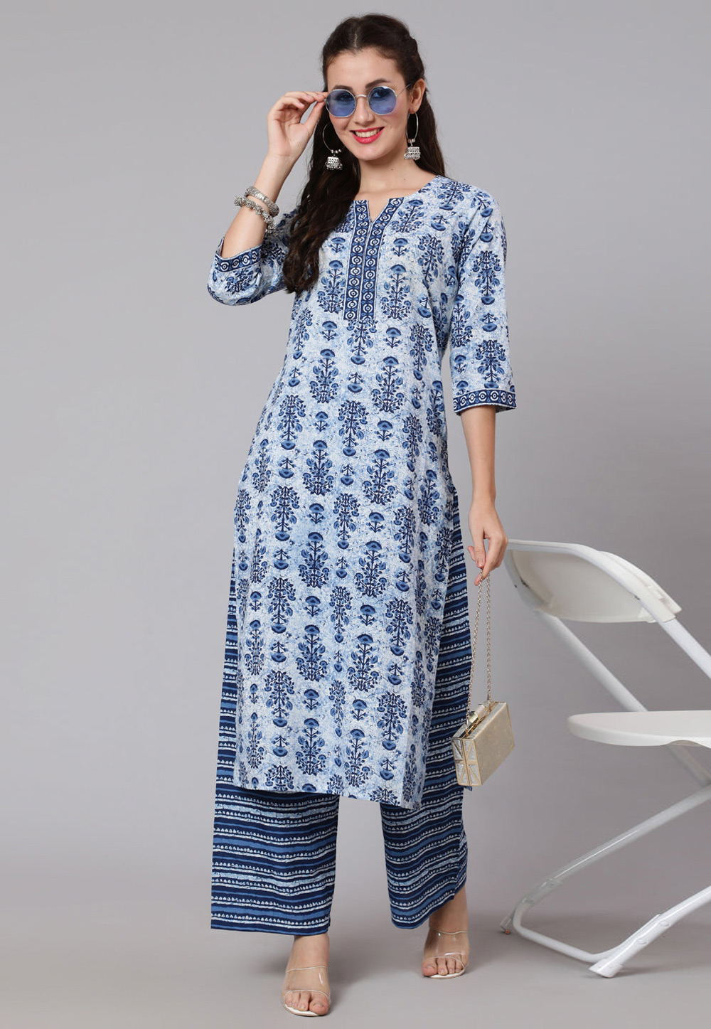 Sky Blue Cotton Kurta Set With Palazzo 282097