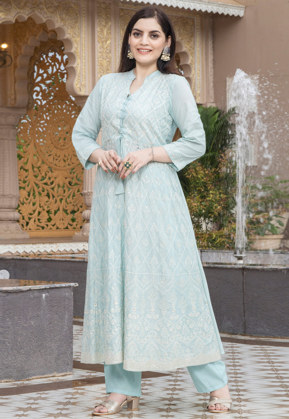 Sky Blue Cotton Kurta Set With Pant 308451