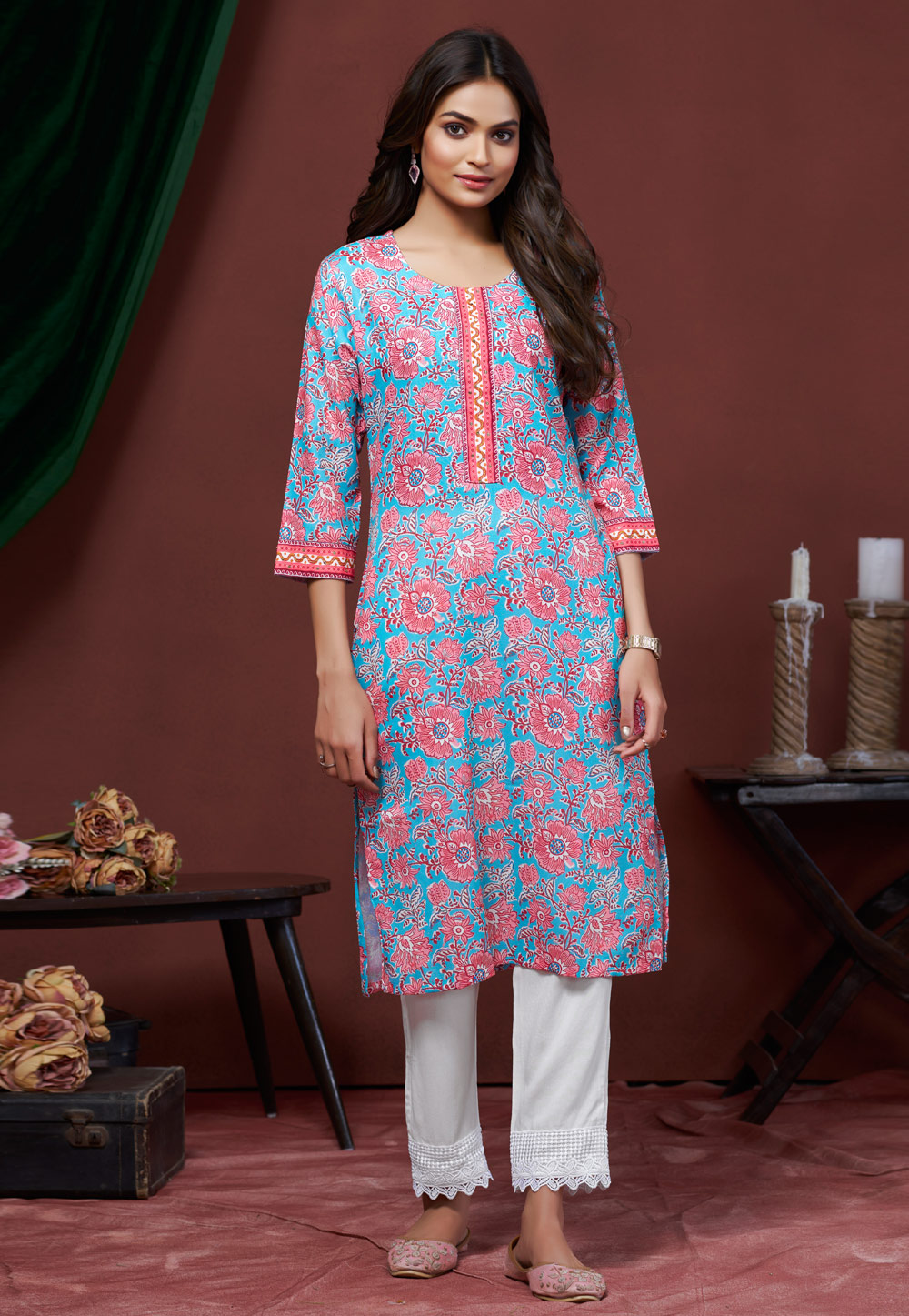 Sky Blue Cotton Linen Printed Long Tunic 311979