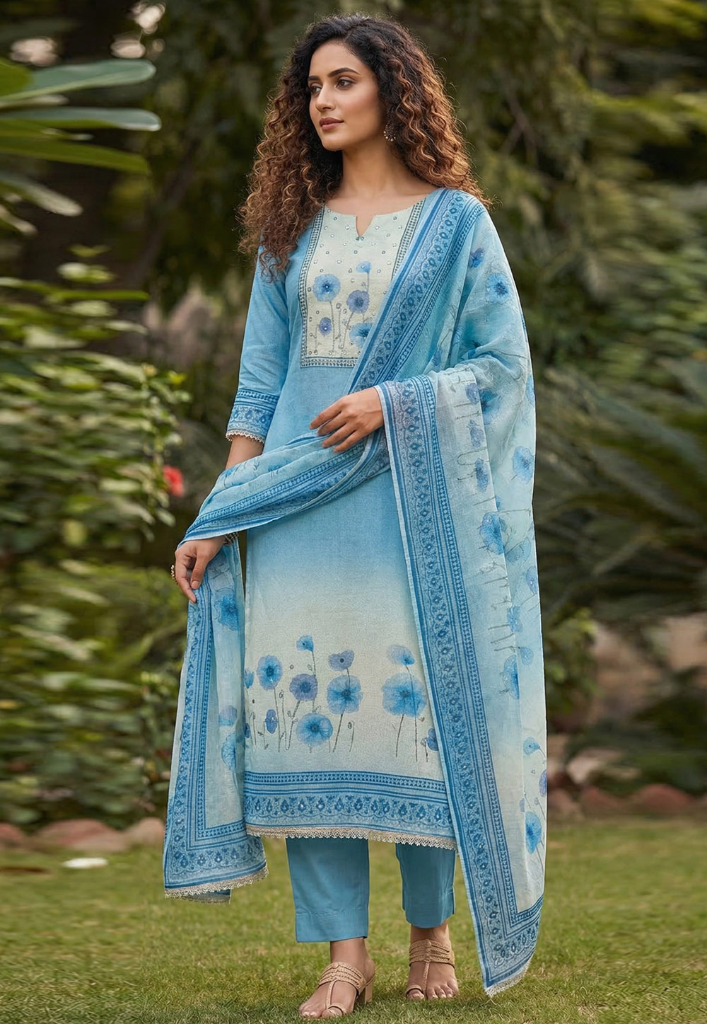 Sky Blue Cotton Pakistani Suit 326478