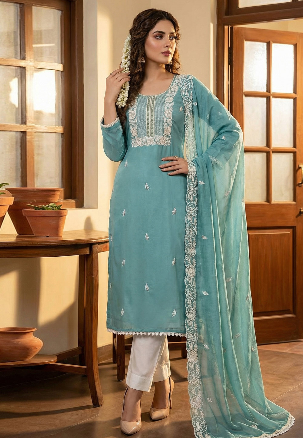 Sky Blue Cotton Pakistani Suit 327322