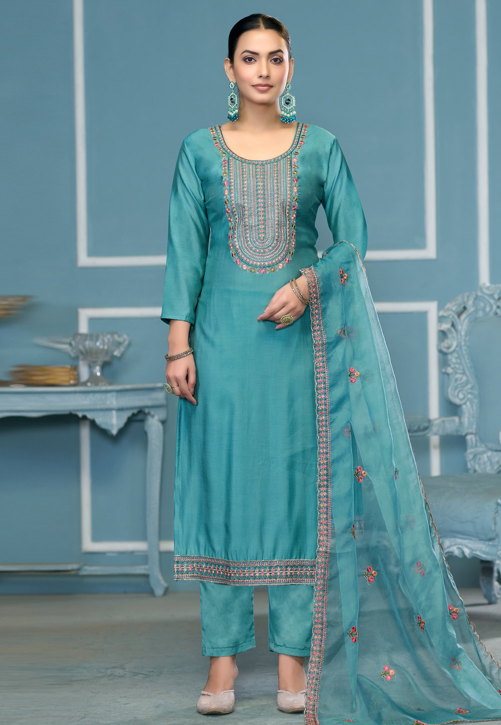 Sky Blue Cotton Pakistani Suit 307430