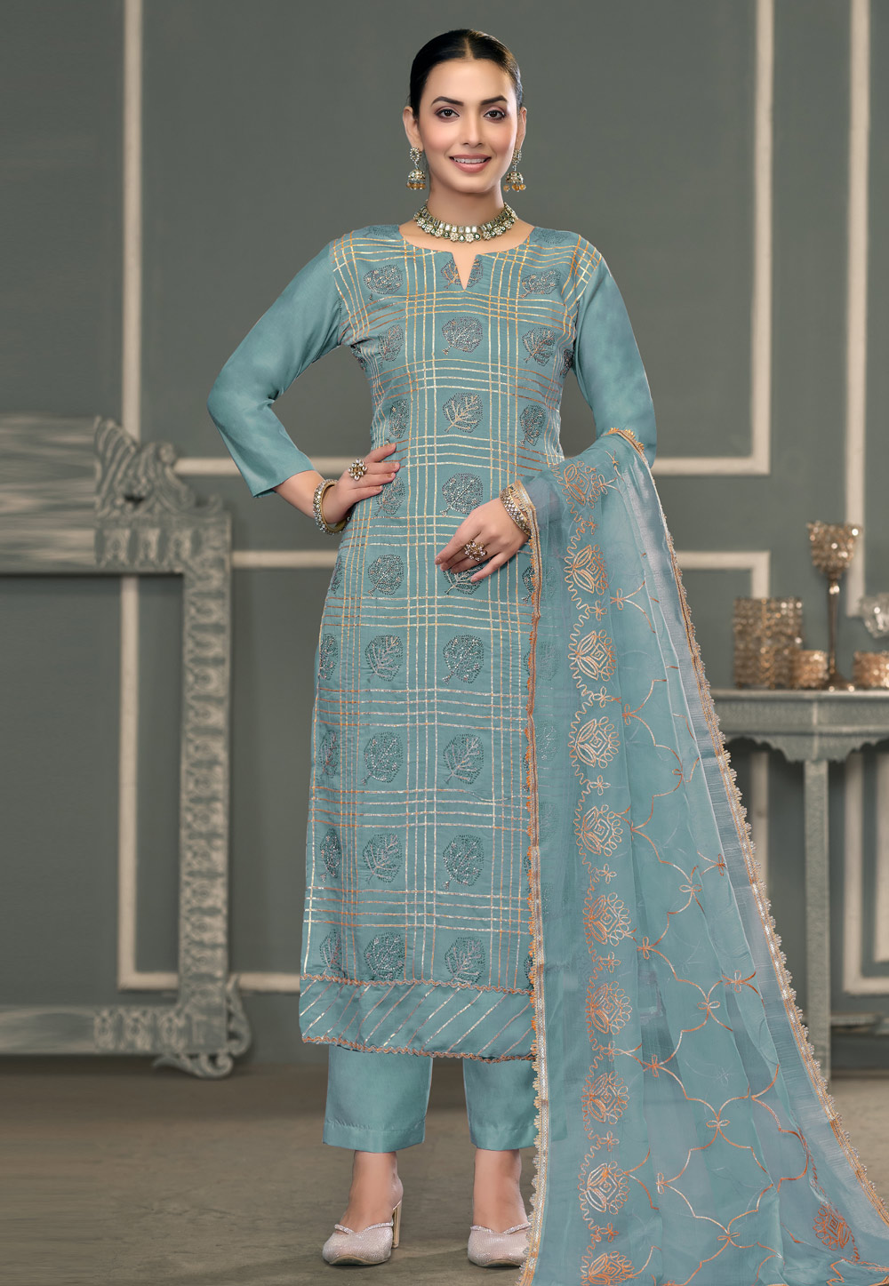 Sky Blue Cotton Pakistani Suit 307440
