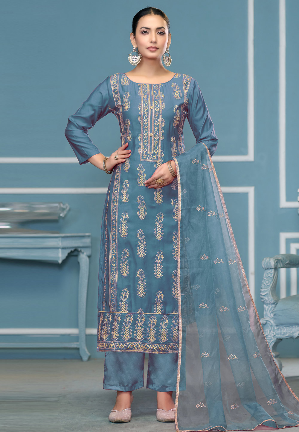 Sky Blue Cotton Pant Style Suit 307272