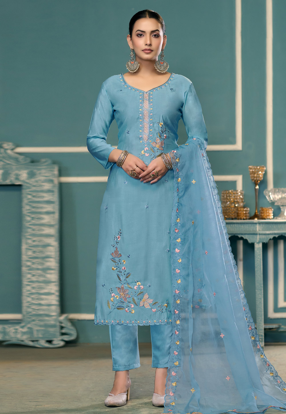 Sky Blue Cotton Pant Style Suit 307286