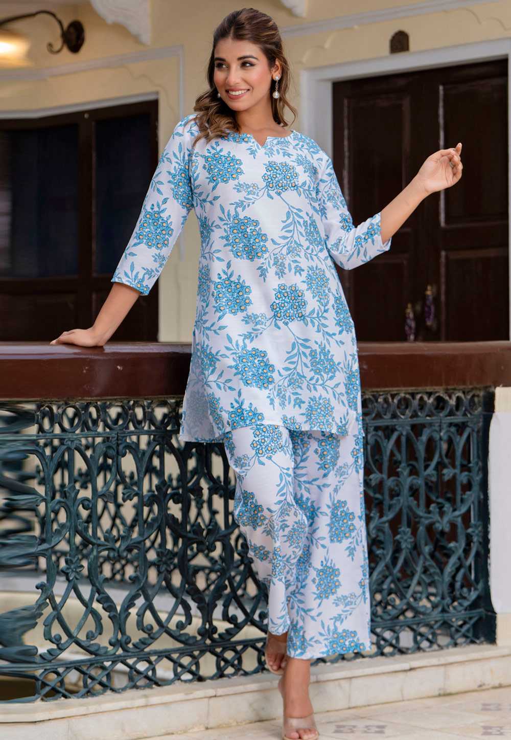 Sky Blue Cotton Printed Co-Ords Set 325601