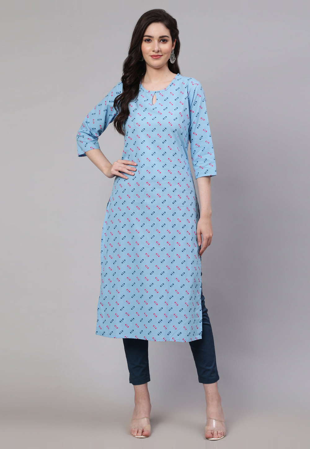 Sky Blue Cotton Printed Long Kurti 282757