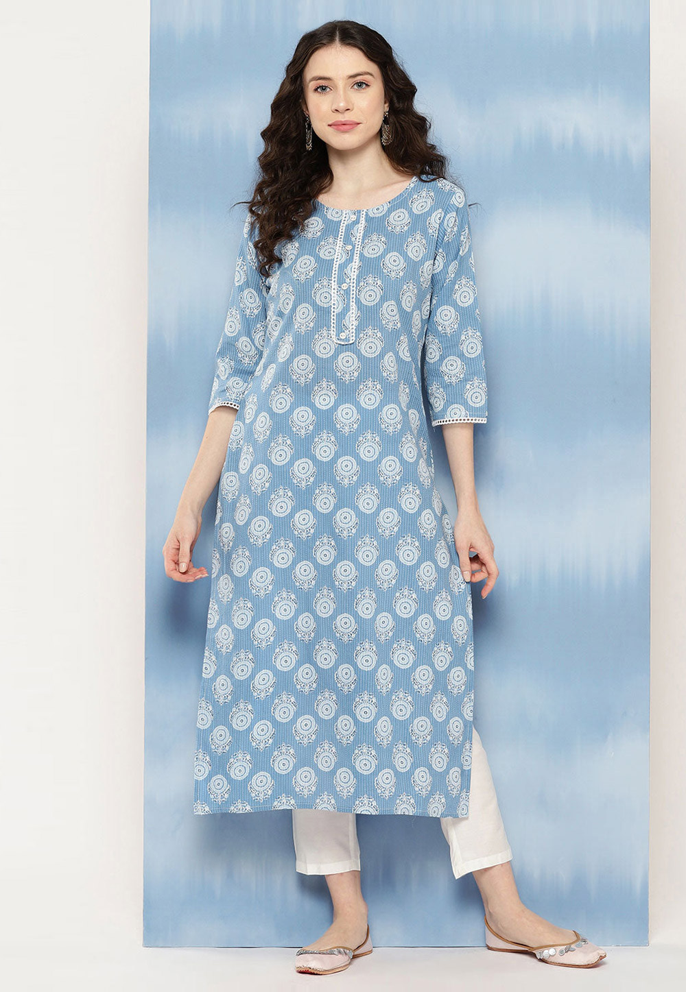 Sky Blue Cotton Printed Long Kurti 282767