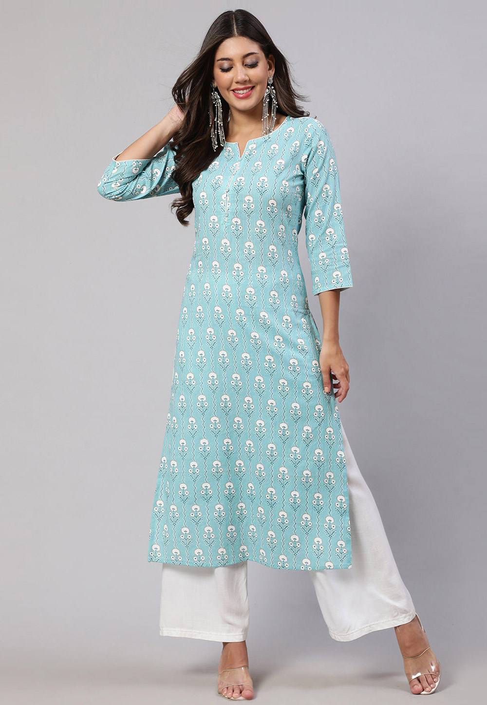 Sky Blue Cotton Printed Long Tunic 282752