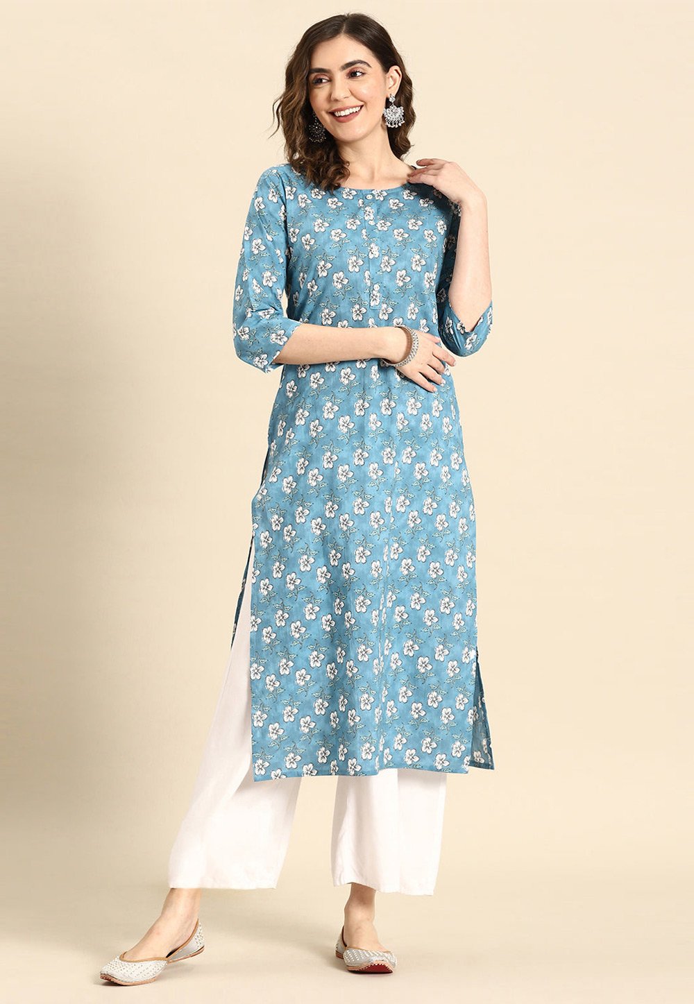 Sky Blue Cotton Printed Long Tunic 282772