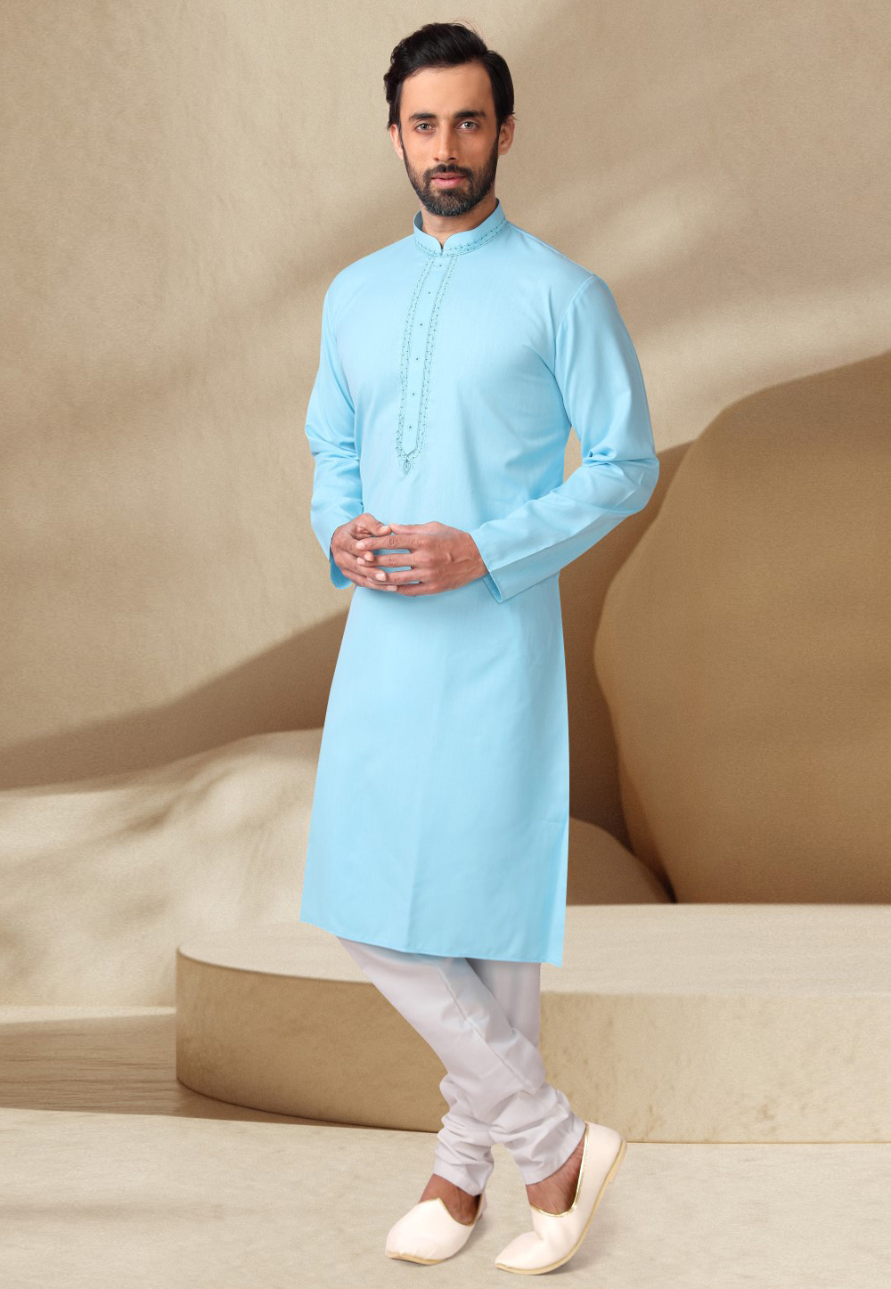 Sky Blue Cotton Rayon Kurta Pajama 282610